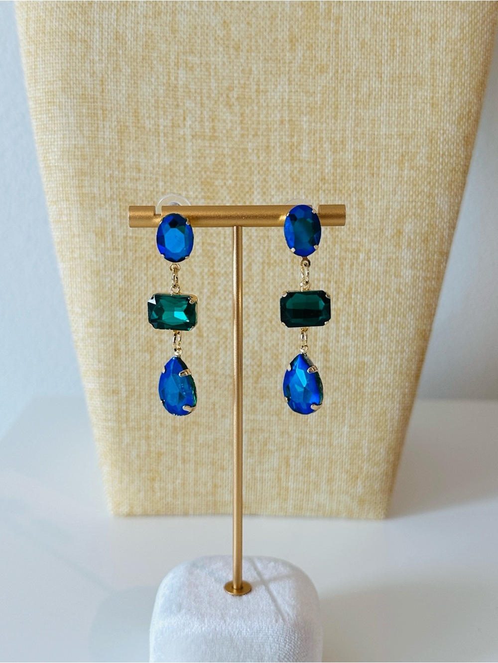 Fashion Jewelry Gold-Tone Blue and Green Crystal Drop Earrings